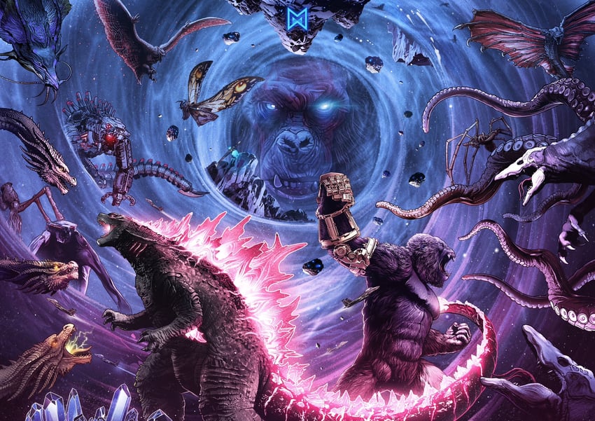 godzilla, king ghidorah, mothra, king kong, mechagodzilla, and 8 more (monsterverse and 6 more) drawn by kwokzisong