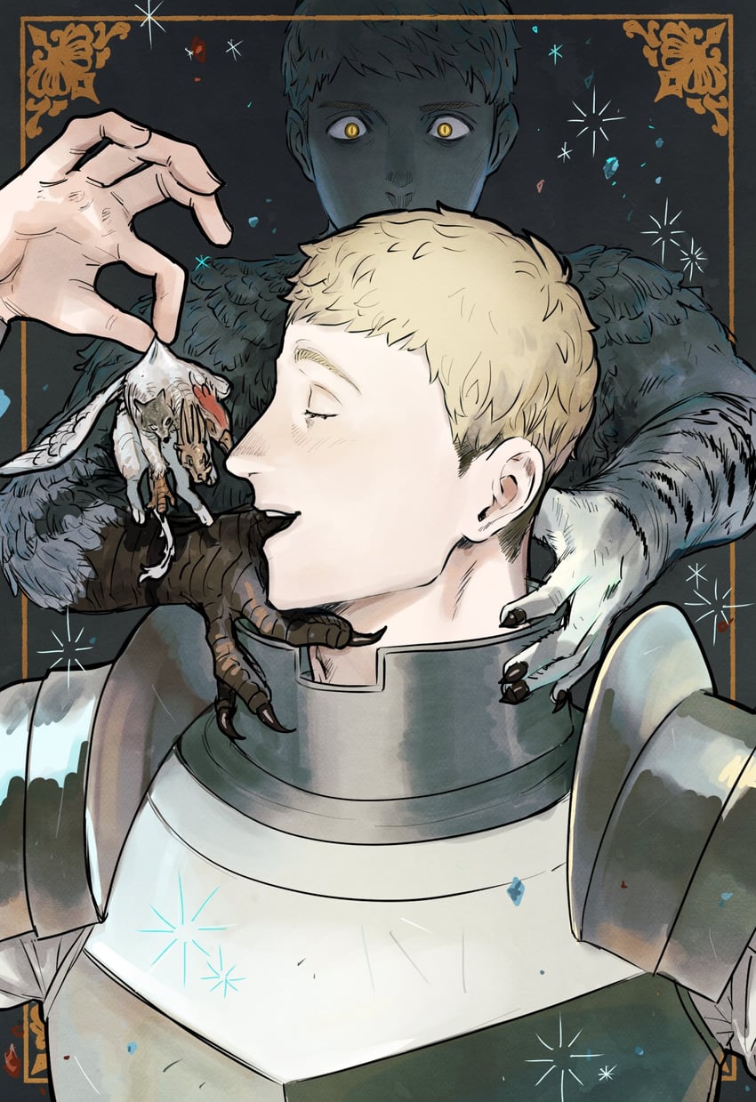 laios touden, winged lion, and laios' ideal chimera (dungeon meshi) drawn by 0shlkatsu