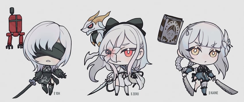 pod, kaine, zero, grimoire weiss, mikhail, and 1 more (nier and 3 more) drawn by yuki_lu