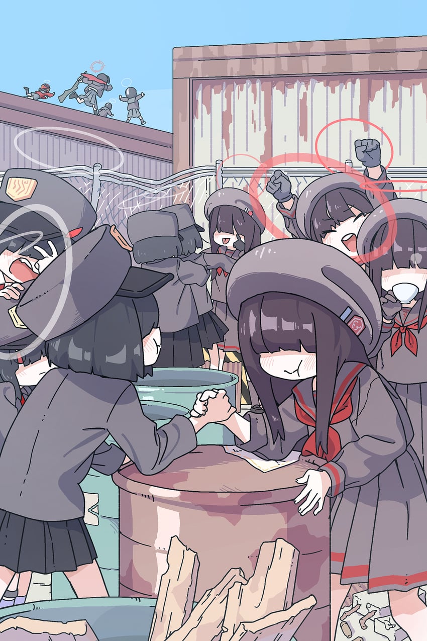 justice task force member, rabu, prefect team member, and helmet gangster (blue archive) drawn by shimotsu.