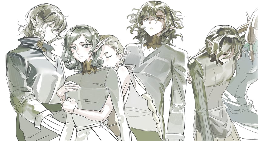 mithrun, milsiril, and braided ponytail elf (dungeon meshi) drawn by yichuan