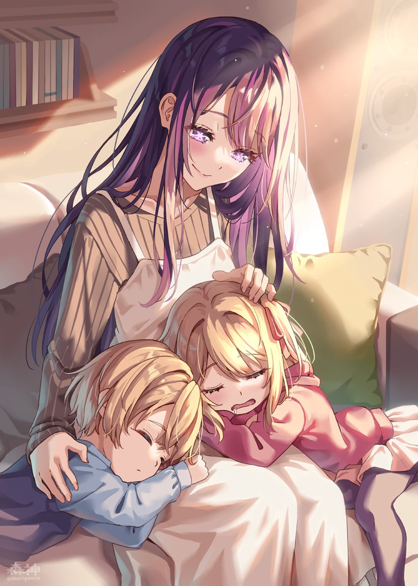 hoshino ai, hoshino ruby, and hoshino aquamarine (oshi no ko) drawn by morigami_(morigami_no_yashiro)