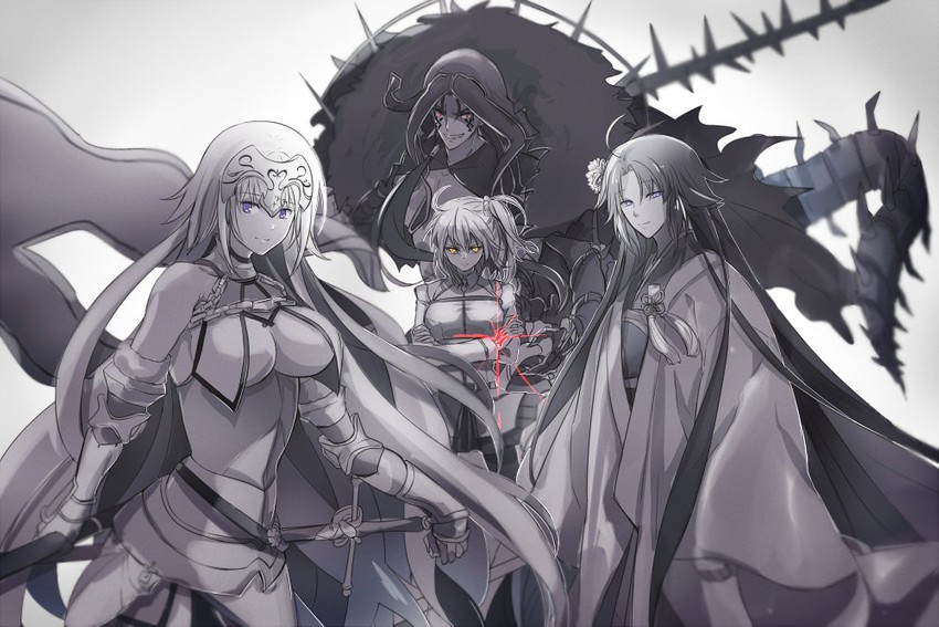 fujimaru ritsuka, jeanne d'arc, cu chulainn, ryougi shiki, cu chulainn alter, and 1 more (fate and 2 more) drawn by yukinaga_(asuten)