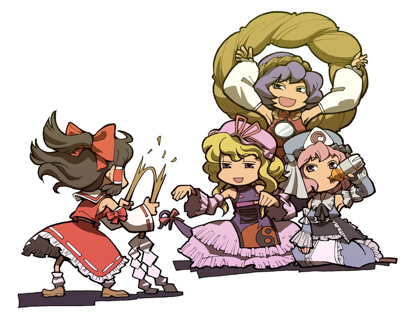 hakurei reimu, yakumo yukari, saigyouji yuyuko, and yasaka kanako (touhou) drawn by hounori