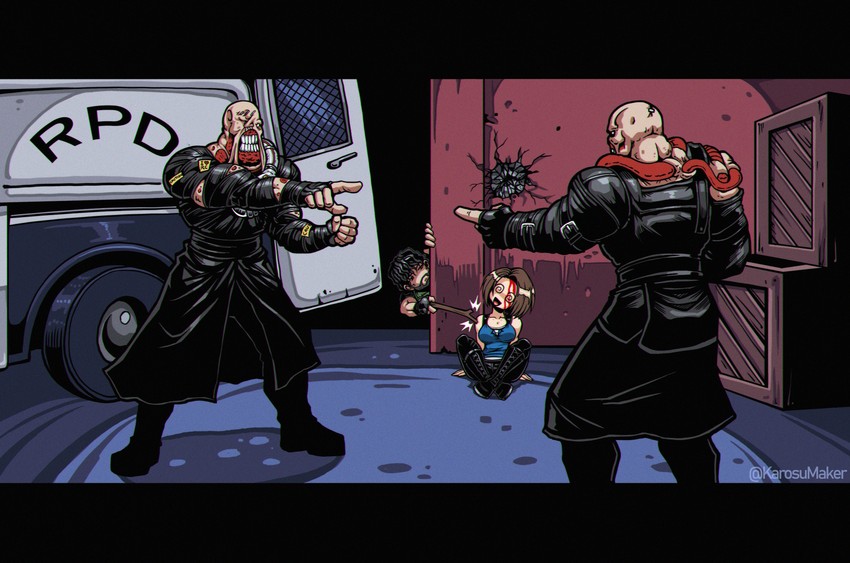jill valentine, nemesis, and carlos oliveira (marvel and 4 more) drawn by karosu_maker