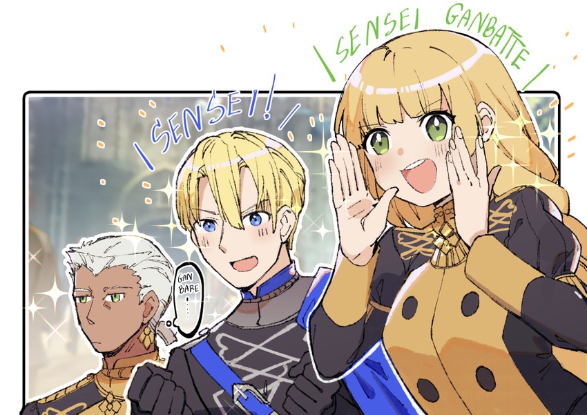 dimitri alexandre blaiddyd, ingrid brandl galatea, and dedue molinaro (fire emblem and 1 more) drawn by rirene_rn