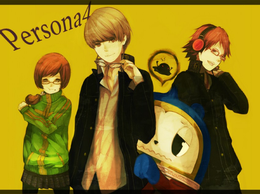 narukami yu, satonaka chie, hanamura yousuke, and kuma (persona and 1 more) drawn by pekoo_(pekota)