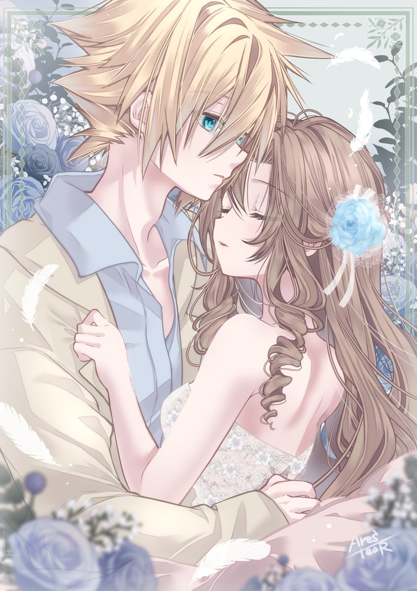 cloud strife and aerith gainsborough (final fantasy and 2 more) drawn by arestear0701