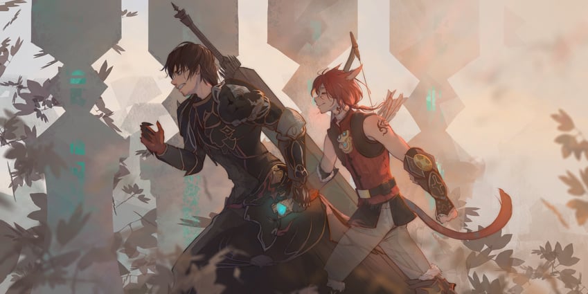 warrior of light, g'raha tia, adventurer, and dark knight (final fantasy and 1 more) drawn by yuzaiii