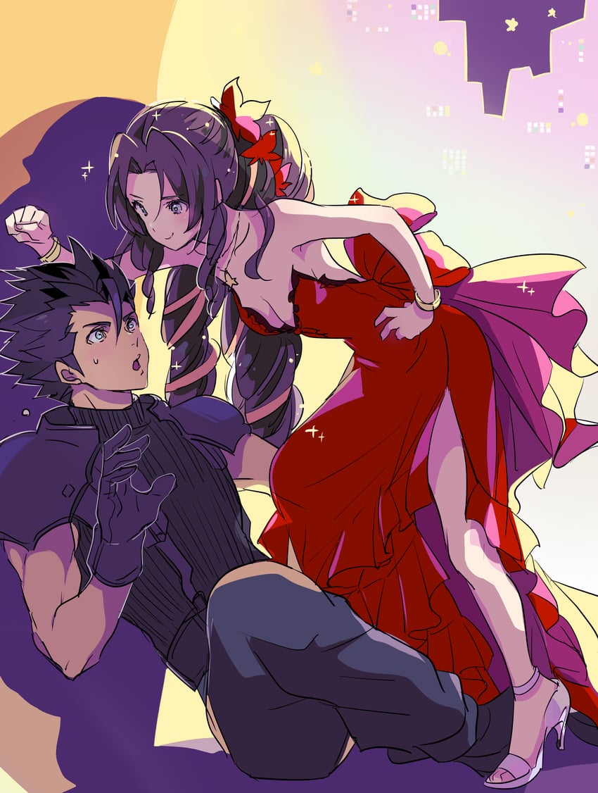 aerith gainsborough and zack fair (final fantasy and 2 more) drawn by shoji_sakura