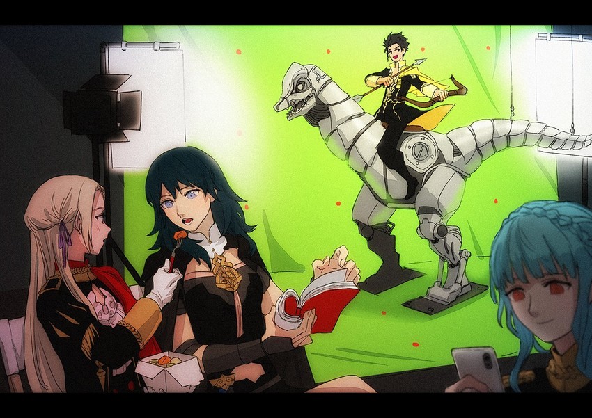 female byleth, edelgard von hresvelg, marianne von edmund, and claude von riegan (fire emblem and 1 more) drawn by soramame_(corndog)