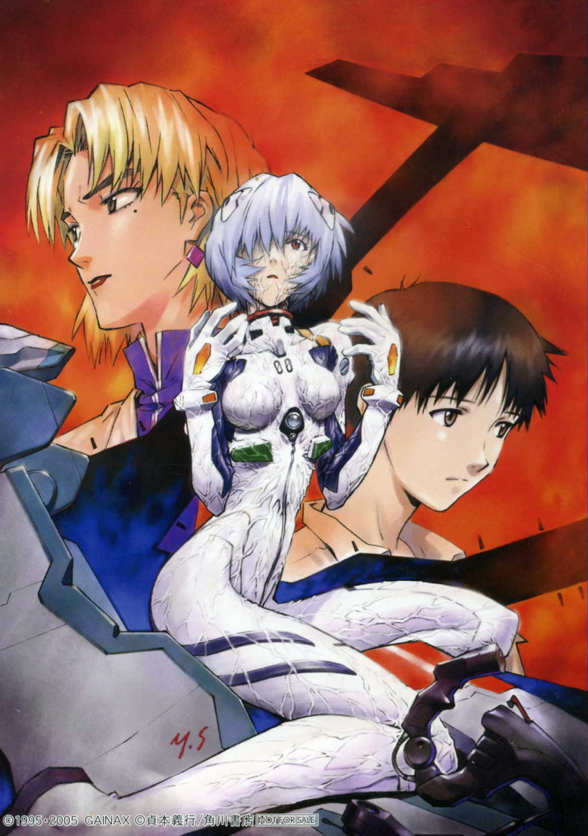ayanami rei, ikari shinji, and akagi ritsuko (neon genesis evangelion) drawn by sadamoto_yoshiyuki