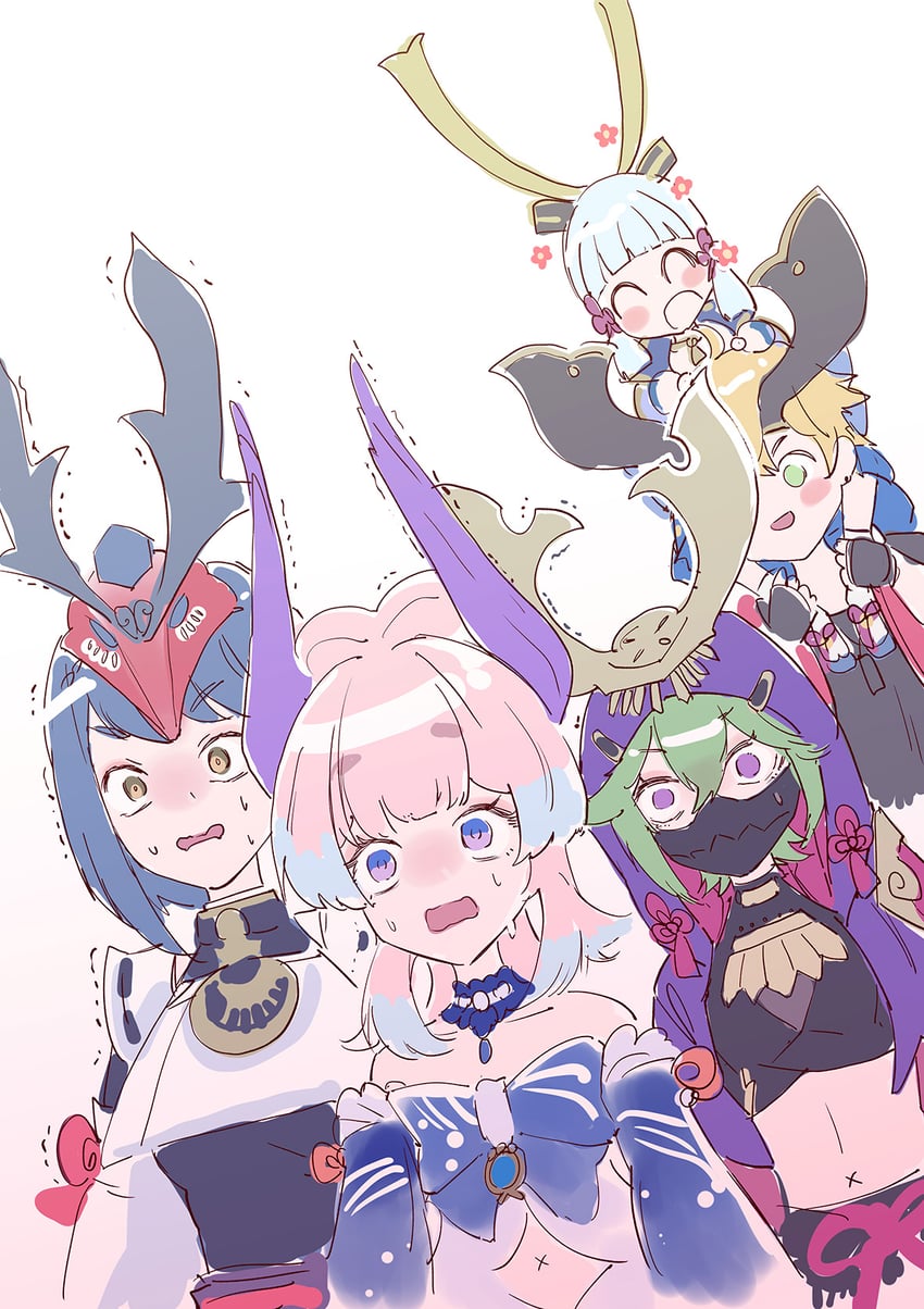 kamisato ayaka, sangonomiya kokomi, kujou sara, kuki shinobu, and thoma (genshin impact) drawn by nocknocktt