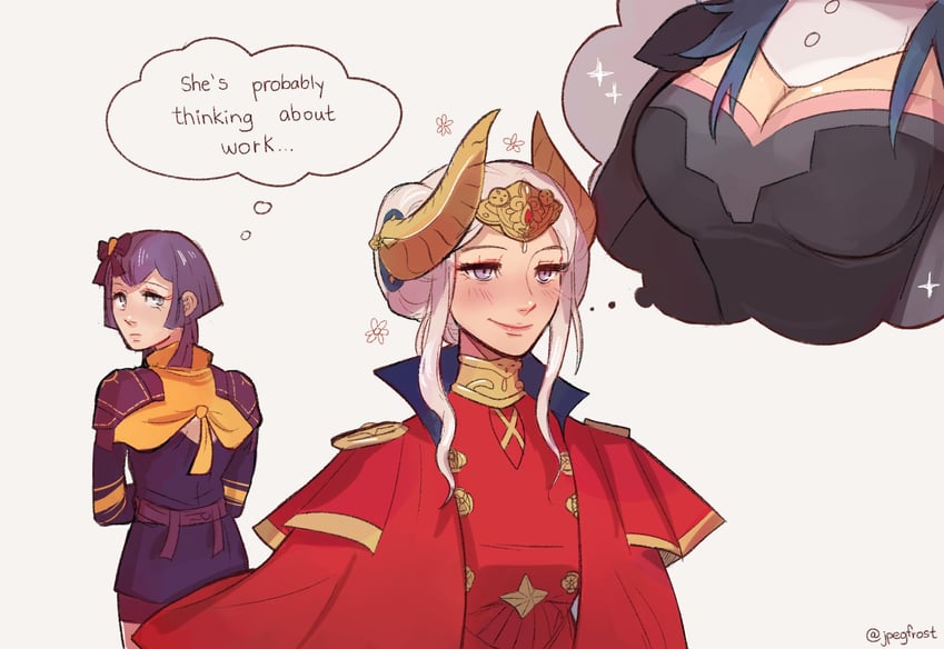 female byleth, edelgard von hresvelg, and bernadetta von varley (fire emblem and 1 more) drawn by jpegfrost