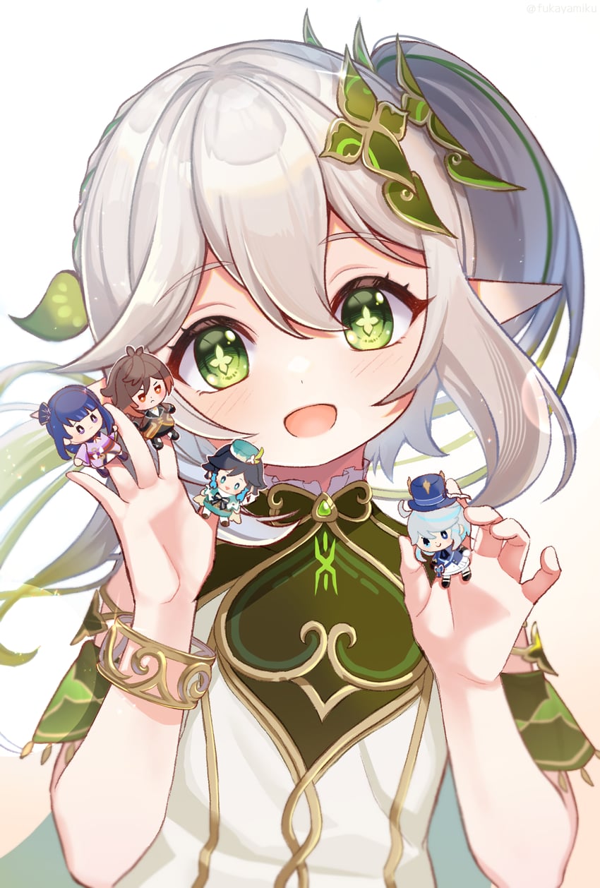 raiden shogun, furina, nahida, zhongli, and venti (genshin impact) drawn by fukaya_miku