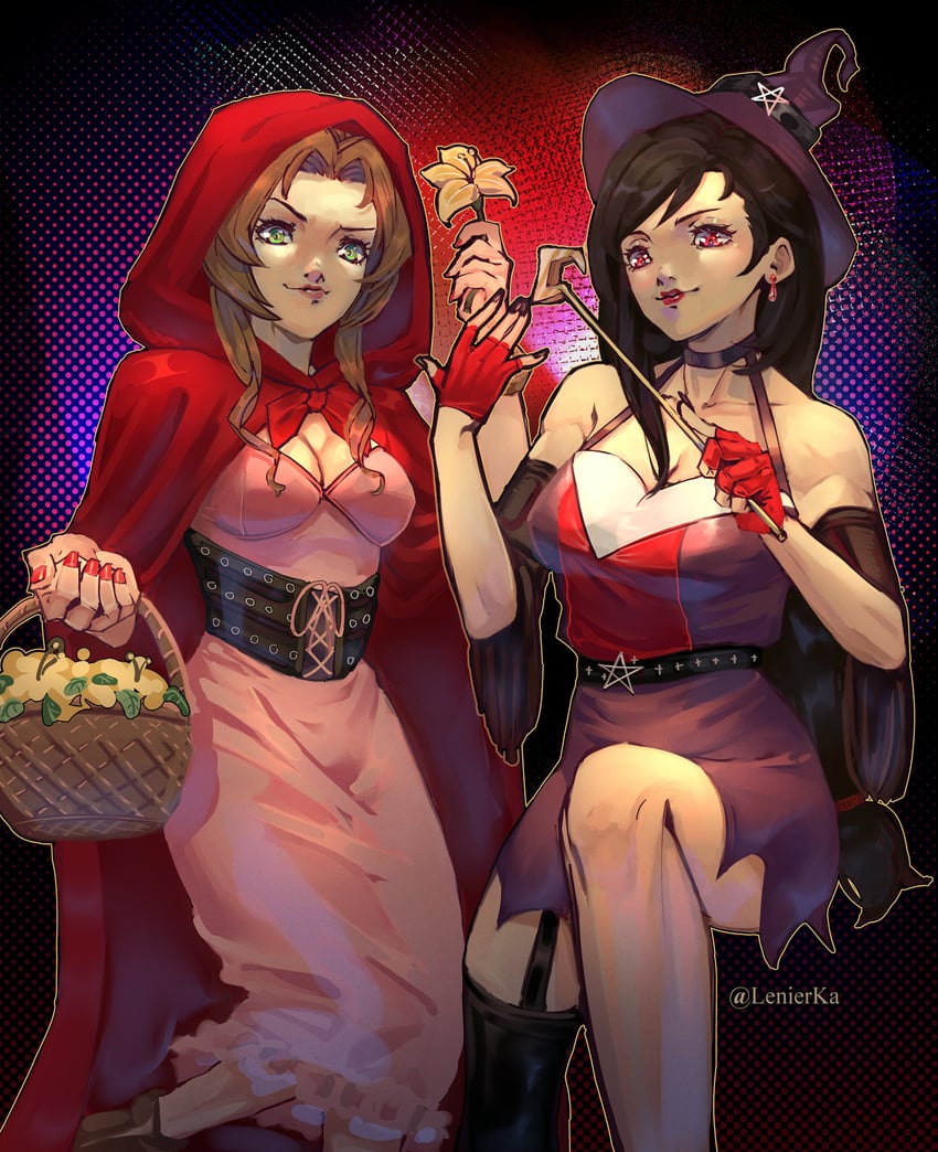 tifa lockhart, aerith gainsborough, and little red riding hood (final fantasy and 2 more) drawn by lenierka