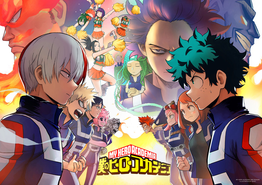 midoriya izuku, bakugou katsuki, uraraka ochaco, todoroki shoto, endeavor, and 14 more (boku no hero academia) drawn by qosic