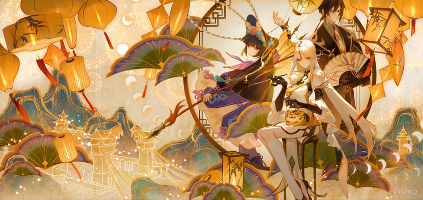 zhongli, ningguang, and yun jin (genshin impact) drawn by mi_lan