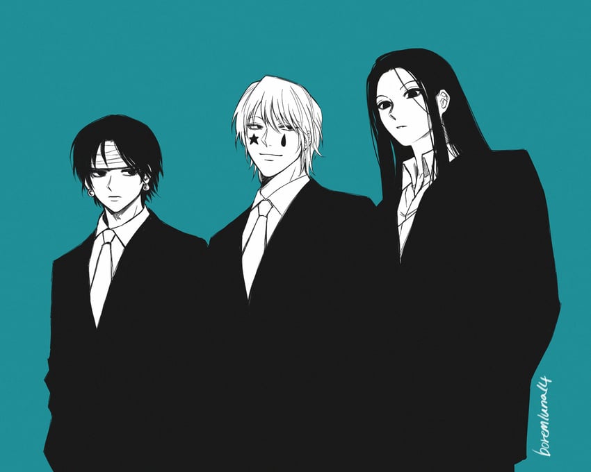 hisoka morow, chrollo lucilfer, and illumi zoldyck (hunter x hunter) drawn by boleum_(dgrpluna)