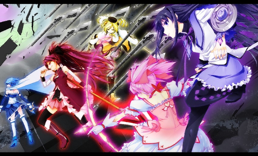 akemi homura, kaname madoka, miki sayaka, sakura kyoko, and tomoe mami (mahou shoujo madoka magica) drawn by kyougoku_touya