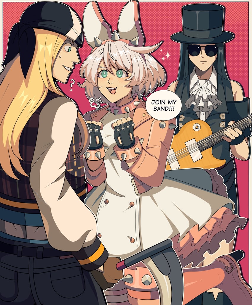elphelt valentine, testament, and axl low (guilty gear and 1 more) drawn by bobamiruku