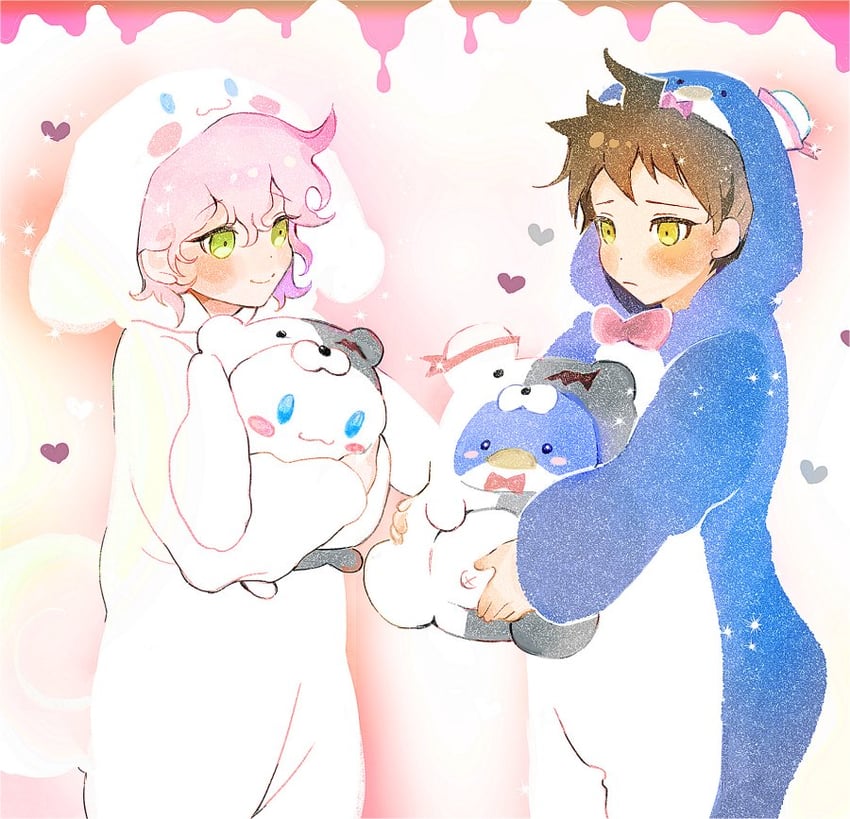 komaeda nagito, hinata hajime, monokuma, cinnamoroll, and tuxedo sam (danganronpa and 3 more) drawn by yukari_(y_u_k_ari)
