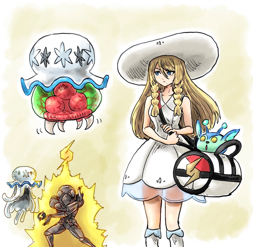 lillie, samus aran, metroid, metroid larva, nihilego, and 2 more (pokemon and 2 more) drawn by kicdon