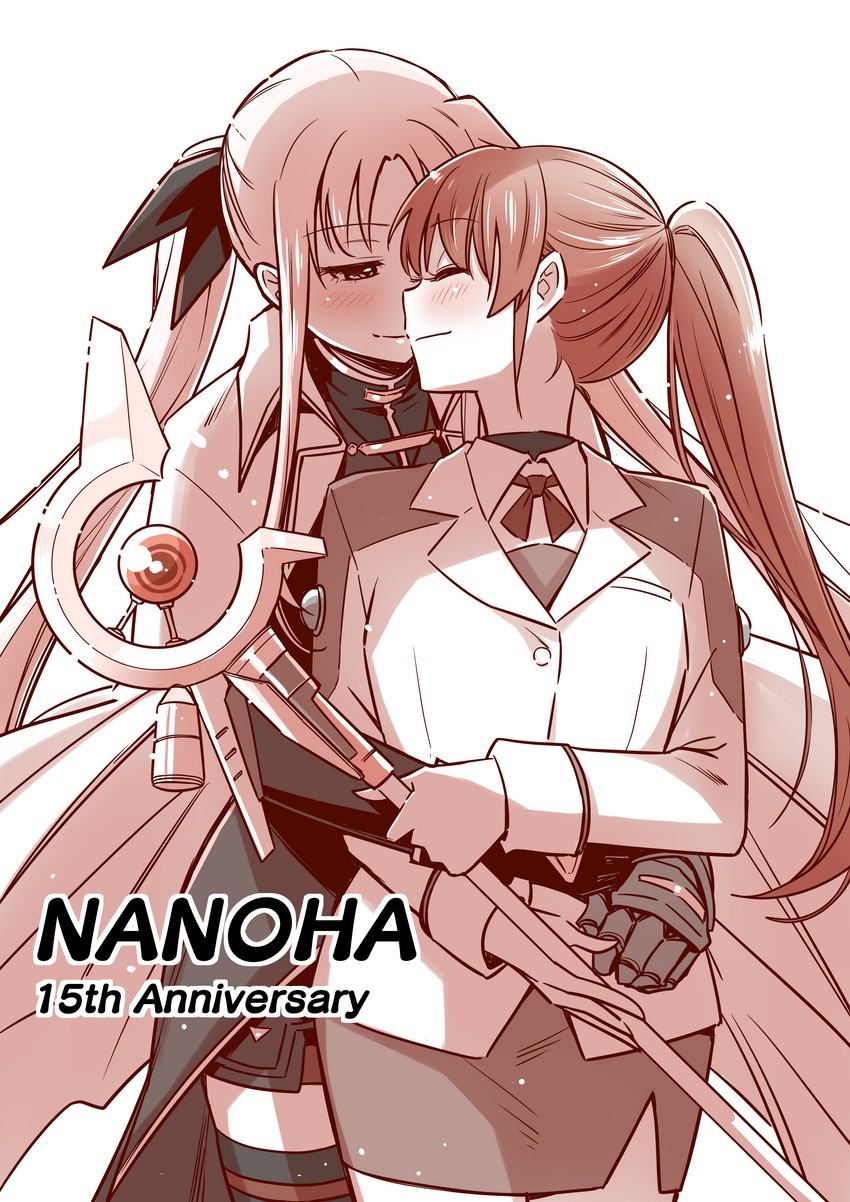 fate testarossa, takamachi nanoha, and raising heart (lyrical nanoha and 1 more) drawn by hone_(honehone083)