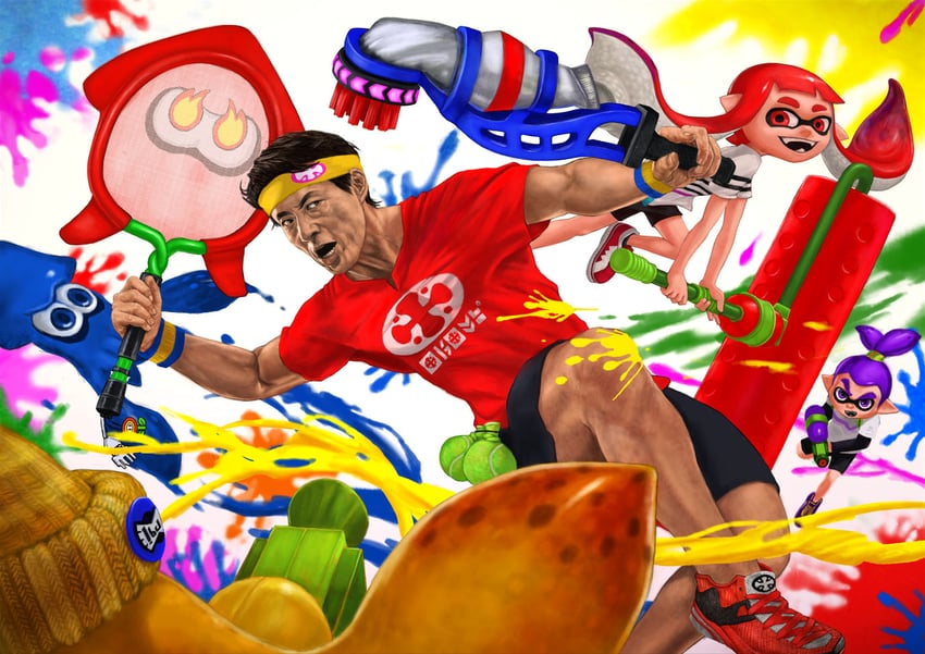inkling player character, inkling girl, inkling boy, and matsuoka shuuzou (splatoon) drawn by zeze