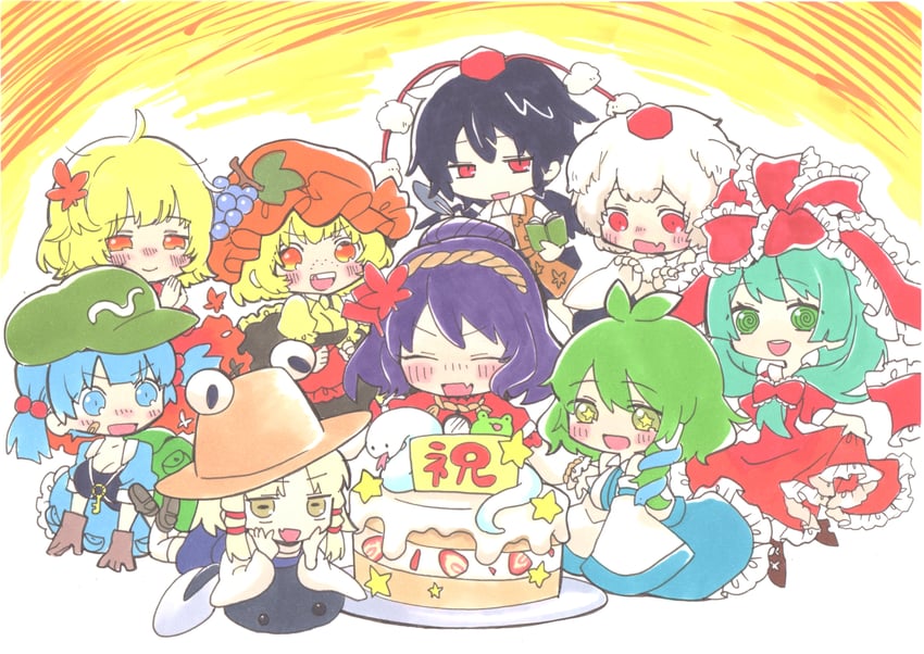 kochiya sanae, shameimaru aya, inubashiri momiji, moriya suwako, kawashiro nitori, and 4 more (touhou and 1 more) drawn by whoru