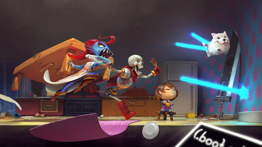 frisk, papyrus, undyne, and annoying dog (final fantasy and 2 more) drawn by cassio_yoshiyaki