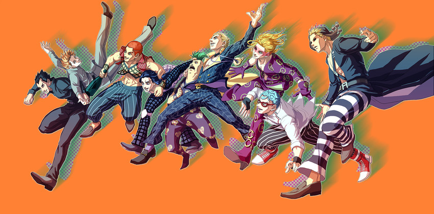 prosciutto, risotto nero, melone, ghiaccio, illuso, and 4 more (jojo no kimyou na bouken and 1 more) drawn by sig000