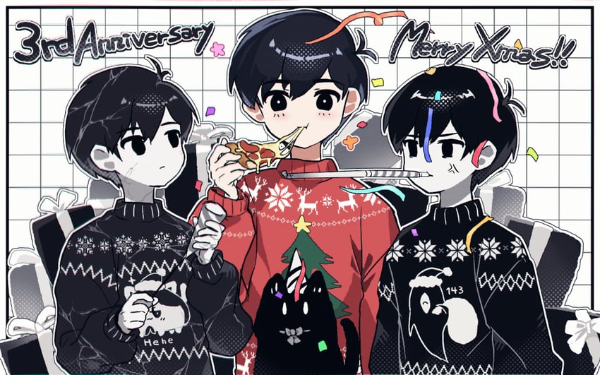 sunny, omori, mari, something, and mewo (omori) drawn by shionty