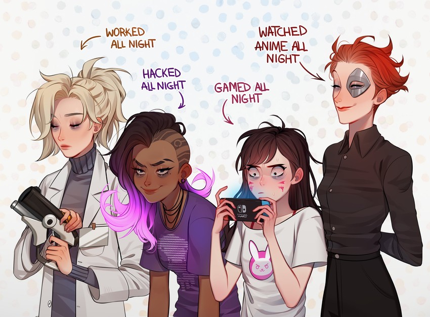 d.va, mercy, sombra, and moira (gundam and 3 more) drawn by lavelis
