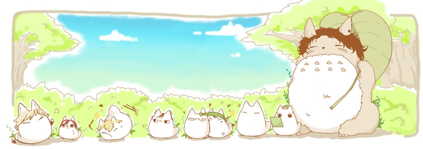 totoro, chibi totoro, shiraishi kuranosuke, zaizen hikaru, tooyama kintarou, and 6 more (tonari no totoro and 1 more) drawn by makaroni_(yudejiru)