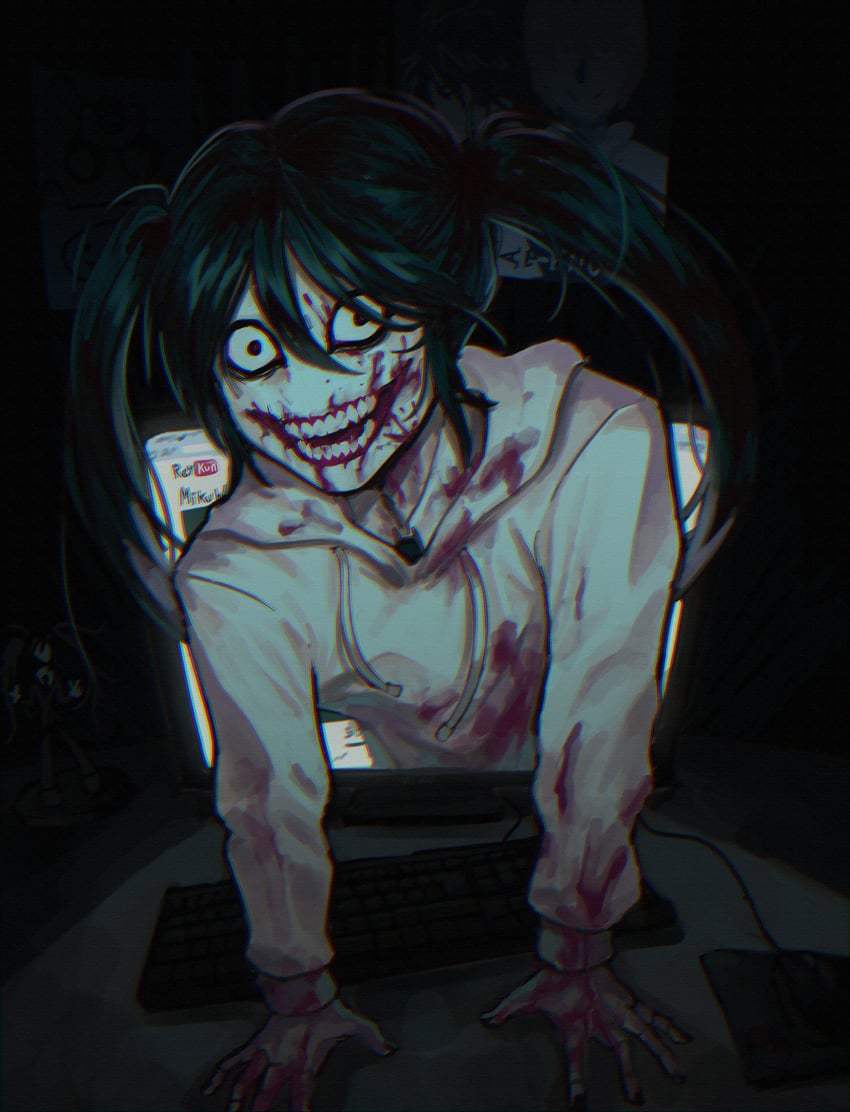 hatsune miku, yagami light, l, and jeff the killer (vocaloid and 3 more) drawn by reykun