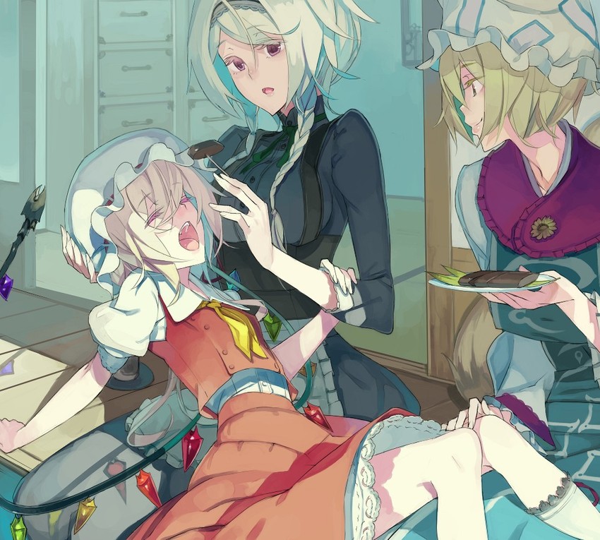 flandre scarlet, izayoi sakuya, and yakumo ran (touhou) drawn by fakepucco