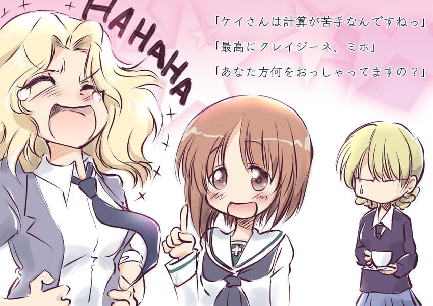 nishizumi miho, darjeeling, and kay (girls und panzer) drawn by nakasawa_kei