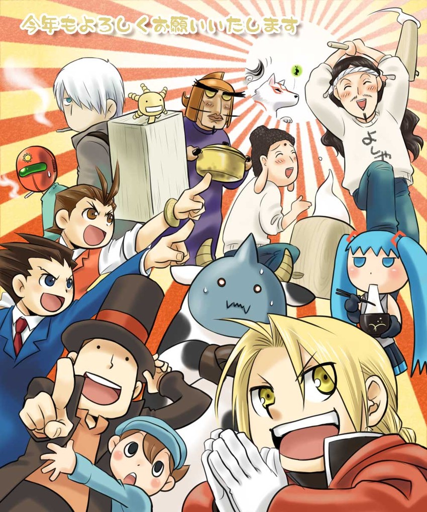 hatsune miku, edward elric, phoenix wright, alphonse elric, amaterasu, and 7 more (vocaloid and 9 more) drawn by nenone_miya