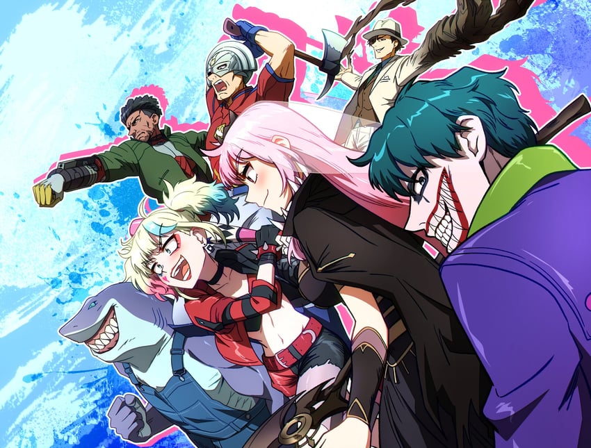 mori calliope, harley quinn, joker, king shark, clayface, and 2 more (hololive and 4 more) drawn by ddolbang