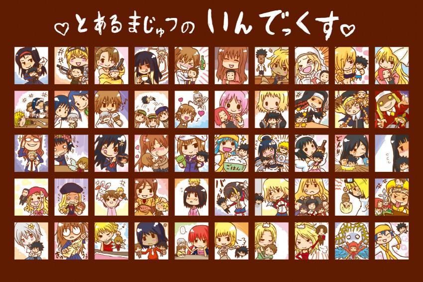 misaka mikoto, shirai kuroko, kamijou touma, accelerator, saten ruiko, and 75 more (toaru majutsu no index and 3 more) drawn by nobuchi