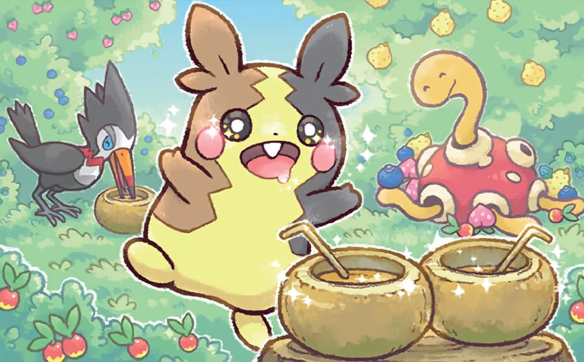 morpeko, shuckle, and trumbeak (pokemon and 1 more) drawn by tsuruta_saya