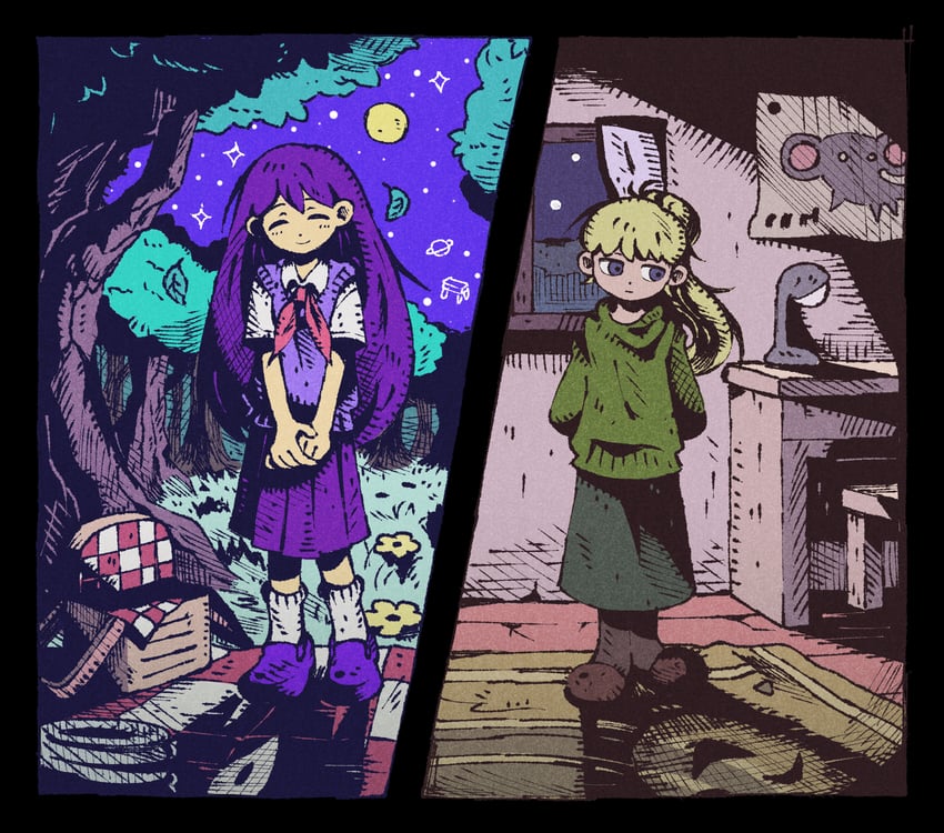 mari, something, poniko, and uboa (omori and 1 more) drawn by 9twoeight