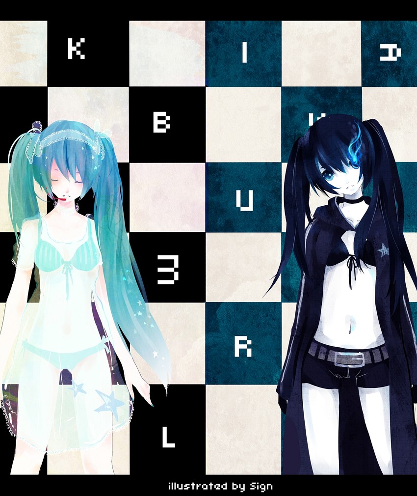 hatsune miku and black rock shooter (vocaloid and 1 more) drawn by issign