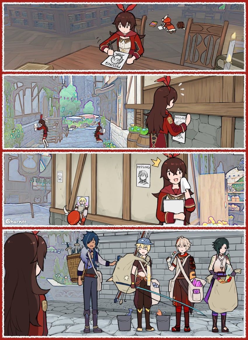 aether, klee, xiao, kaedehara kazuha, amber, and 1 more (genshin impact) drawn by harnee_s