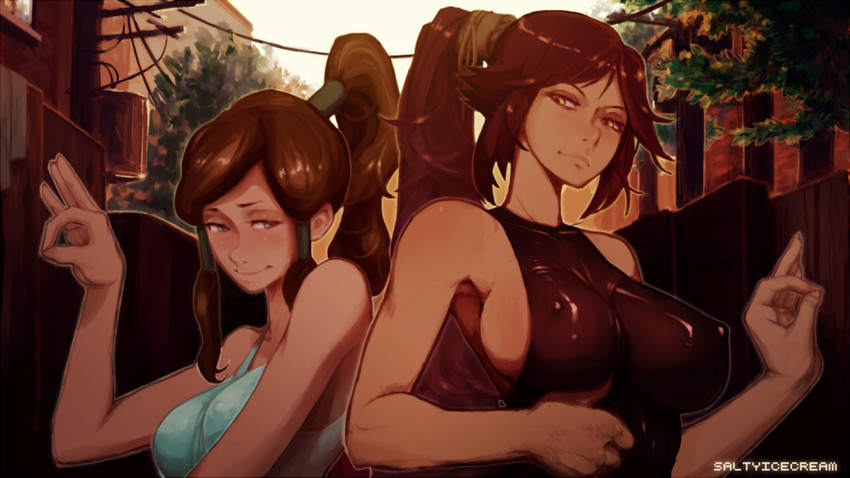 shihouin yoruichi and korra (bleach and 2 more) drawn by saltyicecream