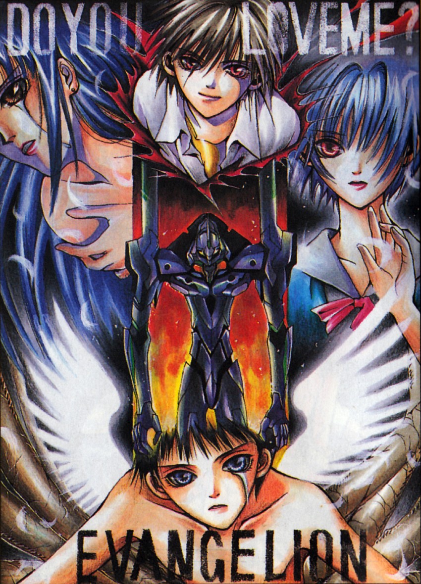 ayanami rei, ikari shinji, nagisa kaworu, katsuragi misato, and eva 01 (neon genesis evangelion) drawn by yoshii_mimei