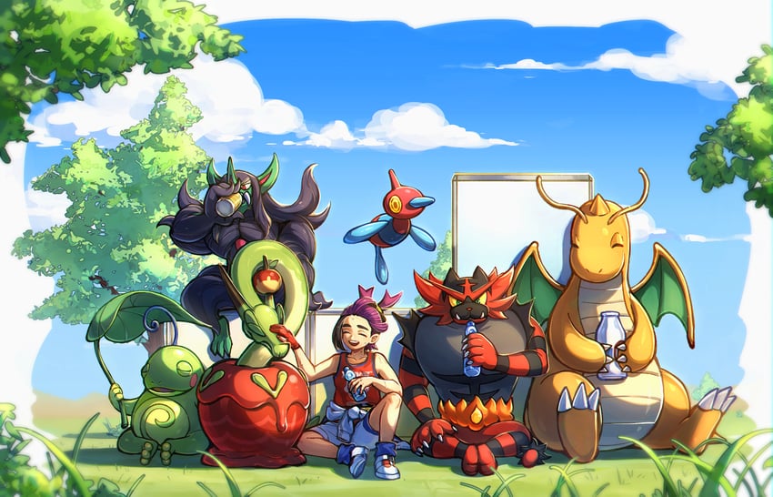 kieran, dragonite, incineroar, porygon-z, hydrapple, and 2 more (pokemon and 1 more) drawn by hi-fi_(fijazzy)