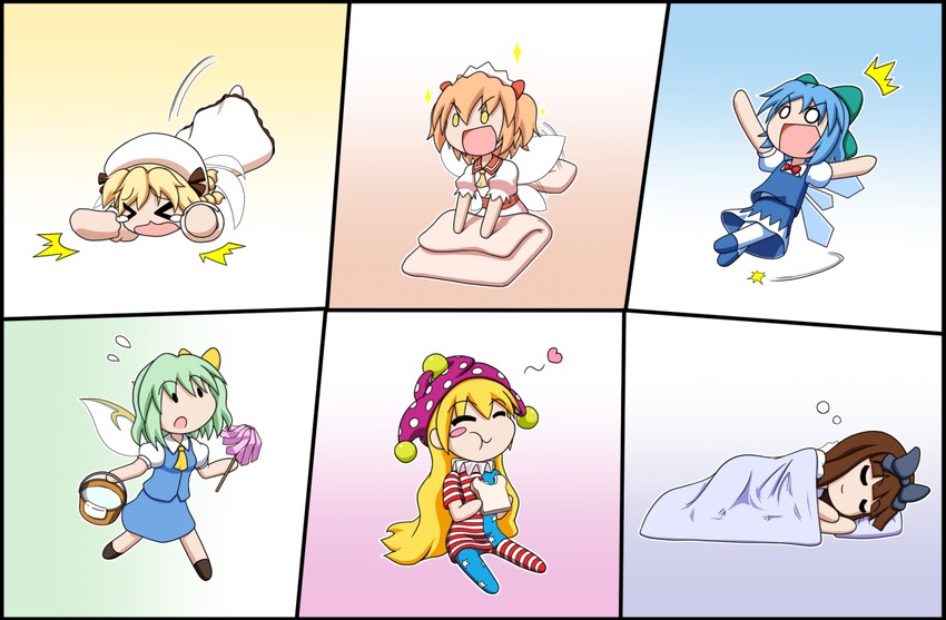 cirno, daiyousei, clownpiece, star sapphire, luna child, and 1 more (touhou) drawn by rakugaki-biyori