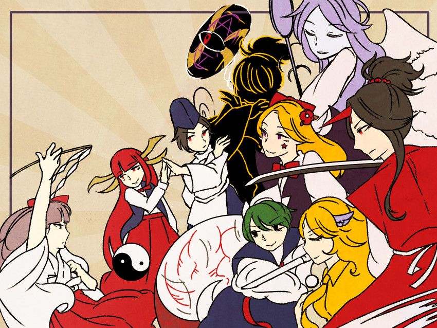 hakurei reimu, mima, konngara, sariel, elis, and 3 more (touhou and 1 more) drawn by teent0wn